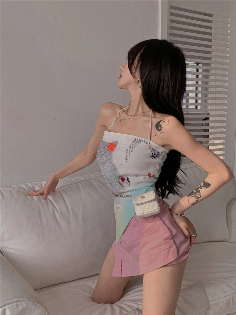 

Summer New Short Sexy Streetwear Cat Printing Sleeveless Top Female Tanks Camis Crop Tops Women 2021