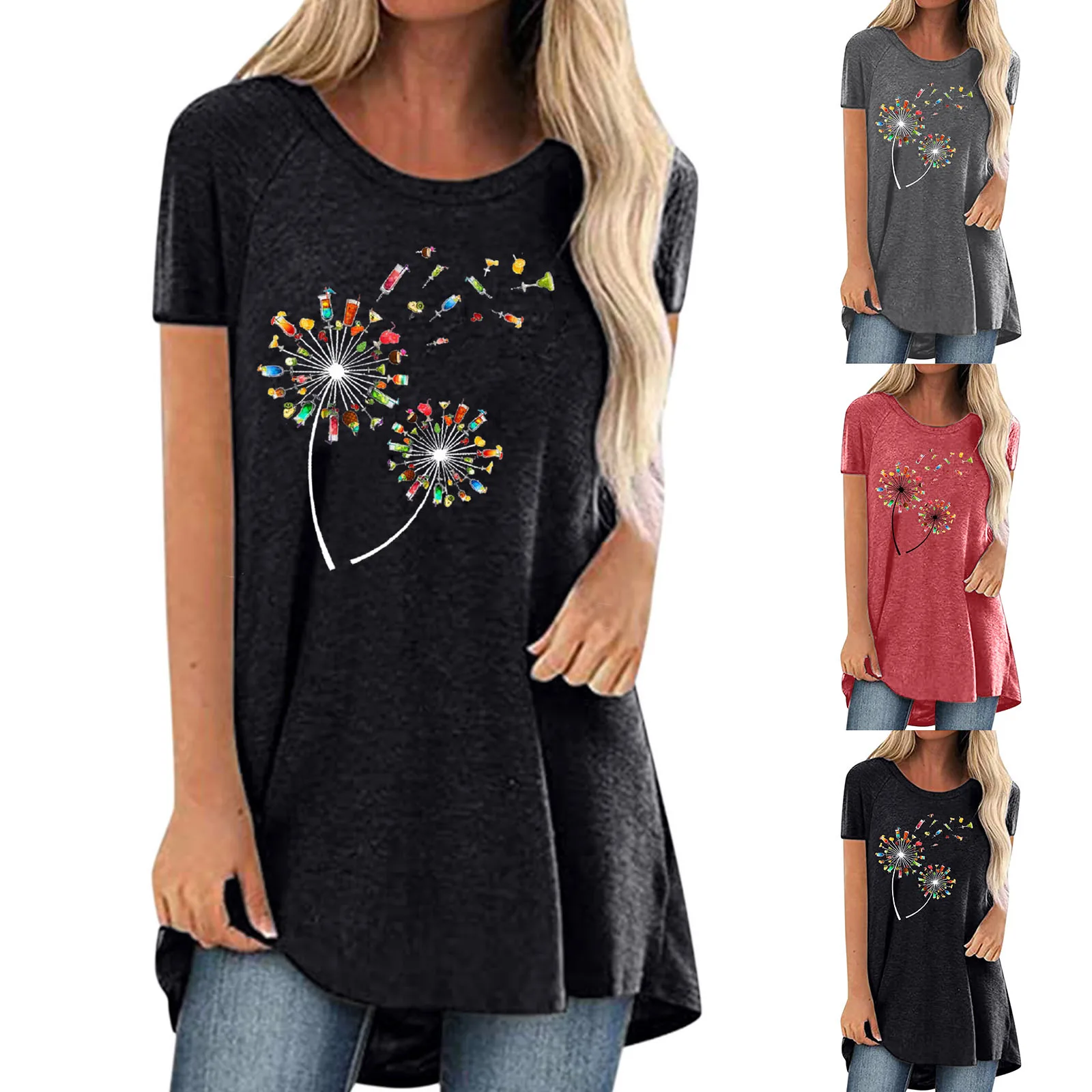 

Color Dandelion Printed Women T-Shirt Casual Large Size 5XL Tops 2021 New Summer O-Neck Short Sleeve Loose Irregular T-Shirts