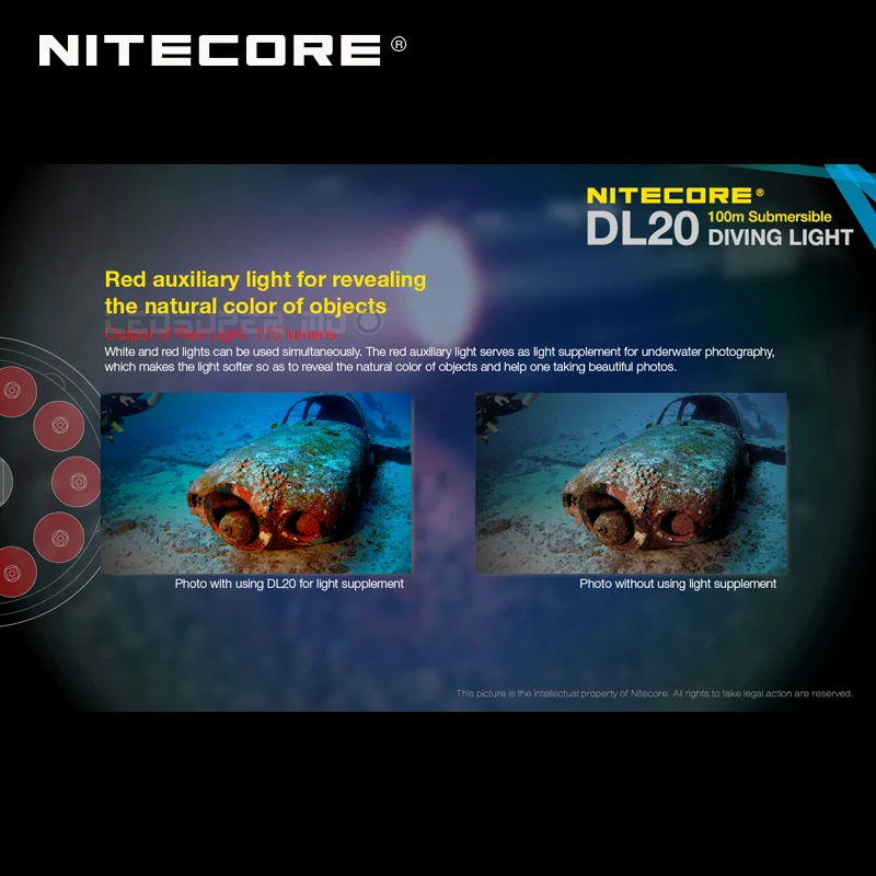 100 метров погружной ультра водонепроницаемый фонарик NITECORE DL20 1000 Люмен двойной источник света для подводного спорта