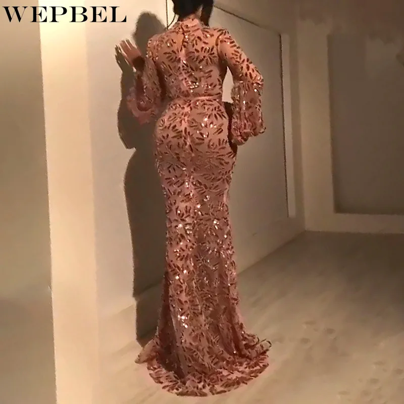 

WEPBEL Elegant Long Sleeve Dress Women's Sexy Sequined Slim High Waist Dress Autumn O-Neck Solid Color Dress