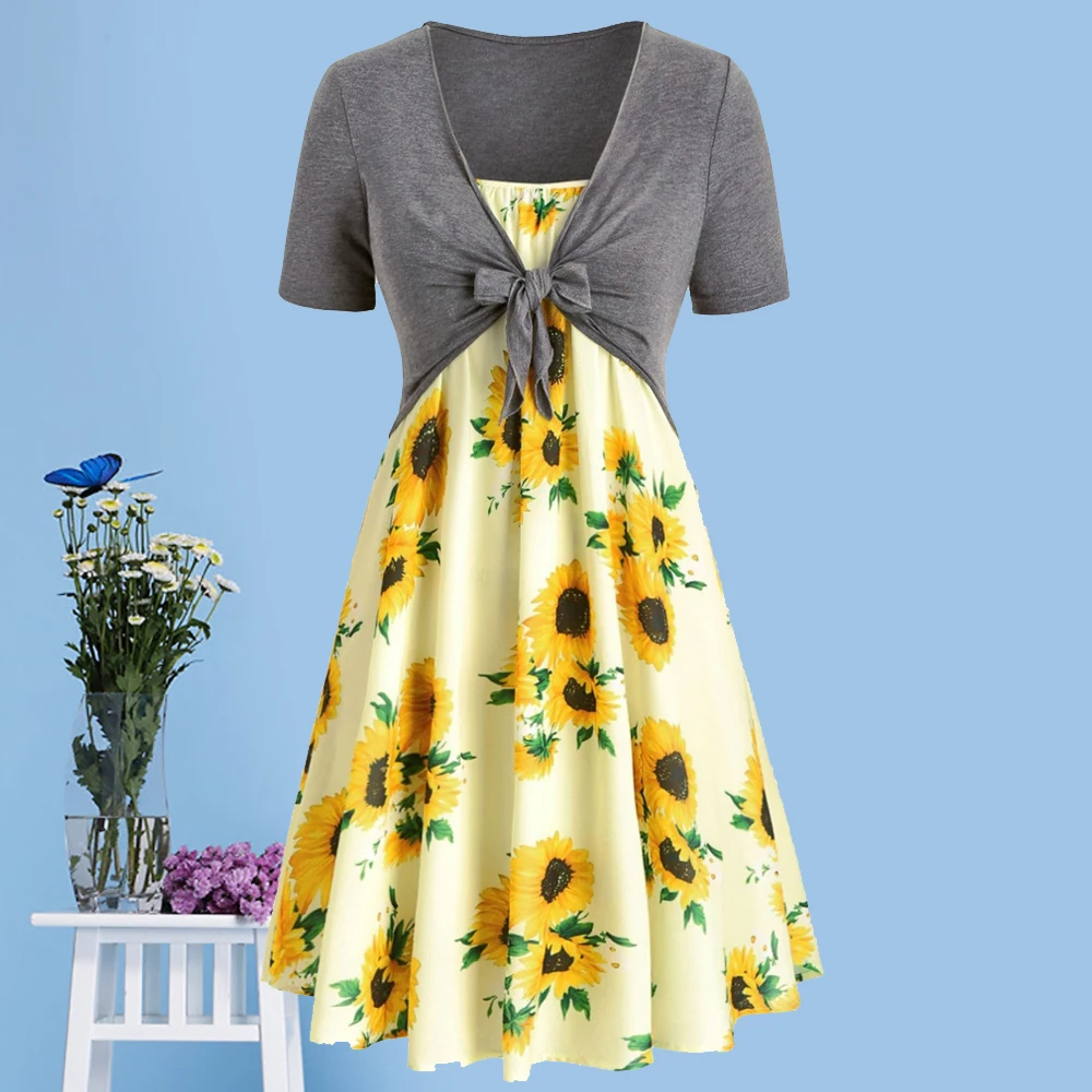Платье мини с коротким рукавом и принтом подсолнухов|Женские платья| |