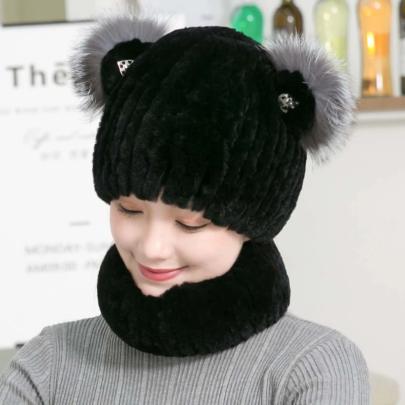 Меховая шапка женский зимний Настоящий мех кролика шапки с милыми кошачьими