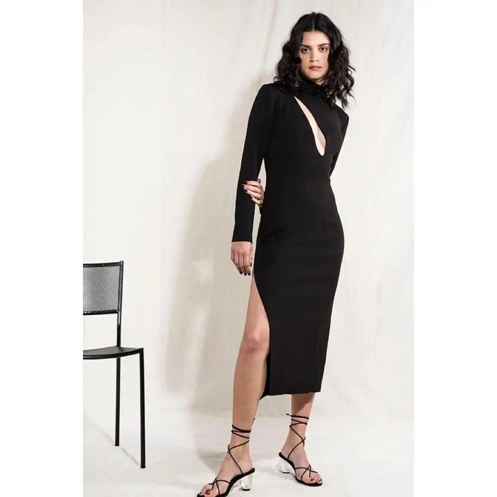 

New Arrival Black Long Sleeve Hollow Out Midi Rayon Bandage Dress Elegant Clubwear Spring Dress