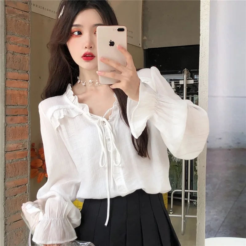 

Ruffles V-Neck Sweet Style Drawstring Long Sleeve Top Blouse Women Korean Fashion Clothing Aesthetic Clothes Early Autumn New