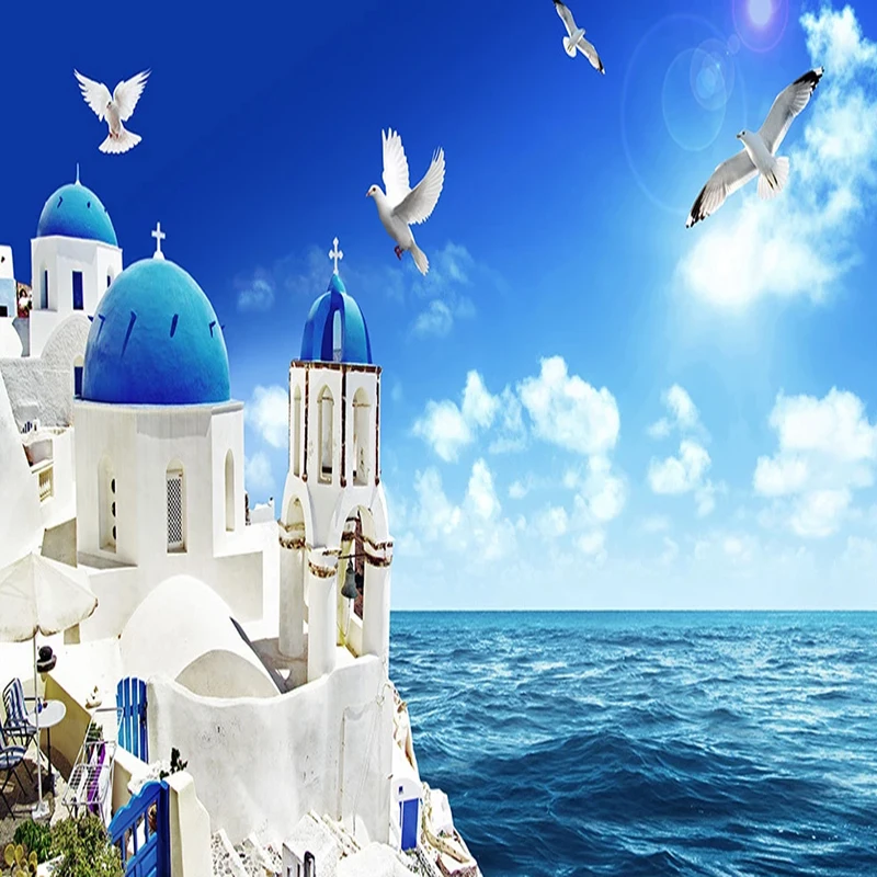 Custom Self-Adhesive Waterproof Mural Wallpaper 3D Blue Sky And White Clouds Church Seascape Stickers Bathroom Removable Poster |