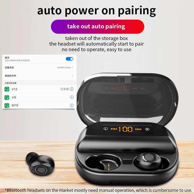 TWS V12 Bluetooth наушники светодиодный наушники сенсорные беспроводные наушники Игровые 9D стерео Бас Звук 2400 мАч power Bank VS V10 V11
