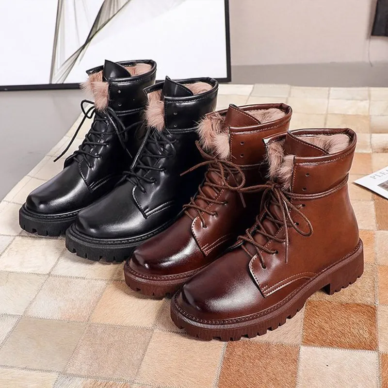 

Women Ankle Boots Fur Shoes Winter New Woman Snow Boots Female Shoes Leather Lace Up Ladies Fashion Non Slip Warm Plush PU
