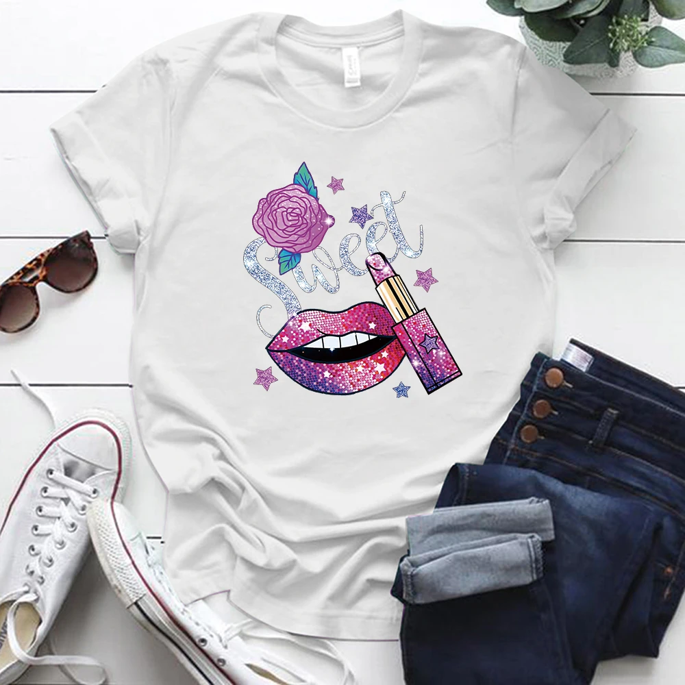 

Seeyoushy Sexy Lips Lipstick Print Graphic Tee T Shirts Women Vogue Sweet Summer Ladies Tshirt Casual Round Neck Tops Clothes
