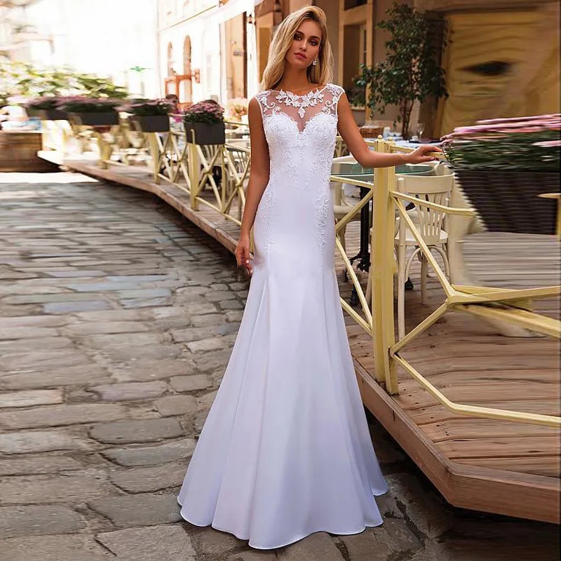 

Sheer Scoop Neck Mermaid Wedding Dress Lace Appliques White Bridal Gowns With Detachable Train 2 In 1 Vestidos De Mariee Robe
