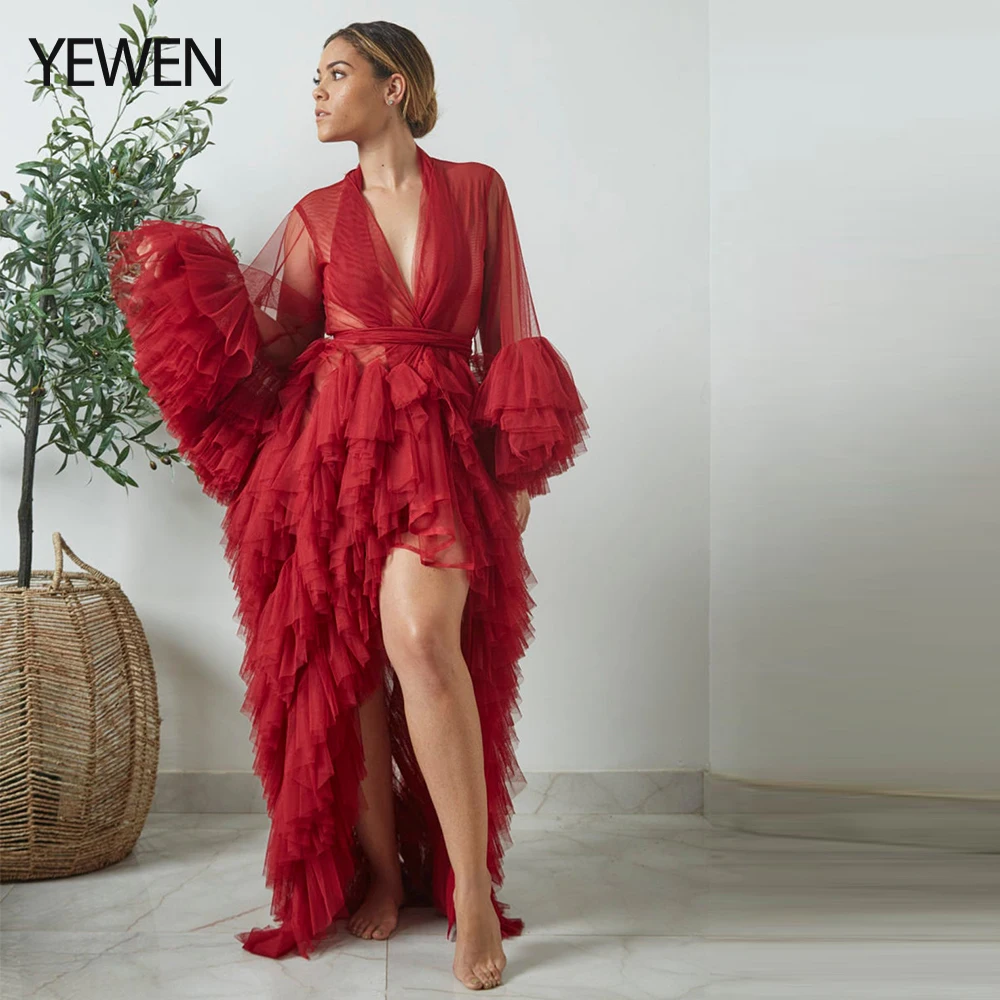 

Full Sleeve Burgundy Matenity Dress V Neck Short Front Long Back Prom Gown for Photoshoot or Babyshower 2021 Bridal Gown YEWEN