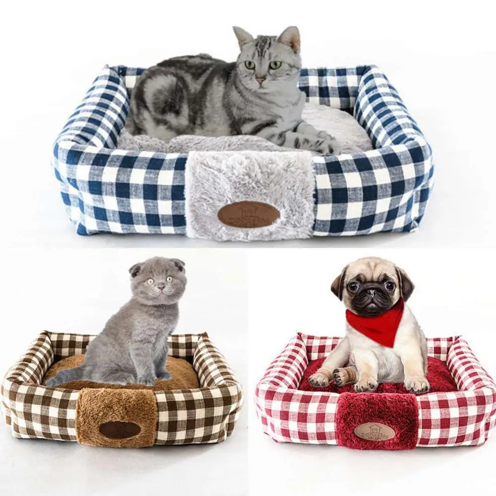 

Plaid Bed For Pet Dog Cotton Soft Cat Bed Brown Pet House Warm Puppy Sofa Mat Fluff Dog Cushion Kennel for Medium Cat Winter