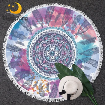 BlessLiving Pink and Aqua Round Beach Towel Roundie Mandala Feather Hippie Circle Yoga Mat Watercolor Floral Bohemian Bath Towel 1