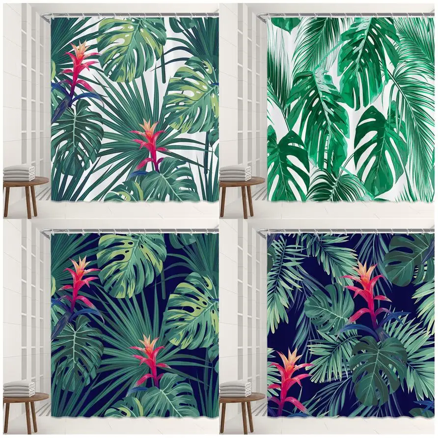 

3D Tropical Leaves Bathroom Shower Curtains Set Green Plants Monstera Palm Leaf Nordic Polyester Fabric Bathtub Decor with Hooks