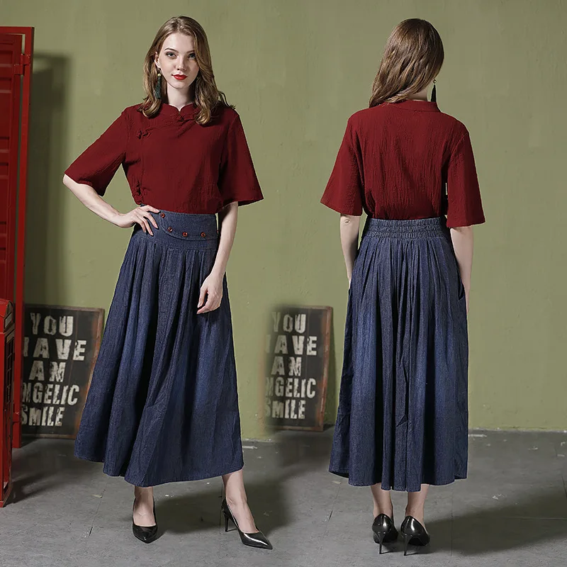 Женская джинсовая юбка винтажная плиссированная с высокой талией джинсы макси