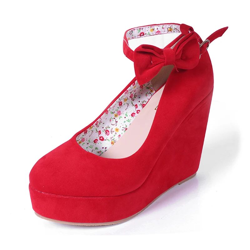 

New Women High Heels Elegant Wedges Wedding Dress Pumps Female Flock Platform Buckle Ankle Strap Bowtie Shoes Plus Size 36-43
