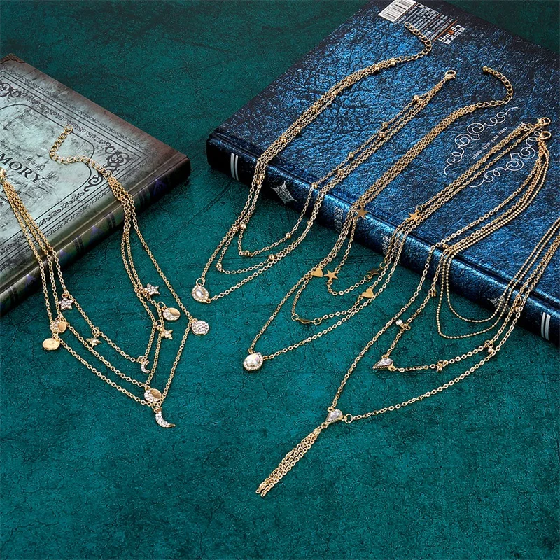 Ожерелье женское многослойное с кристаллами полумесяц звезда глаза|Ожерелья