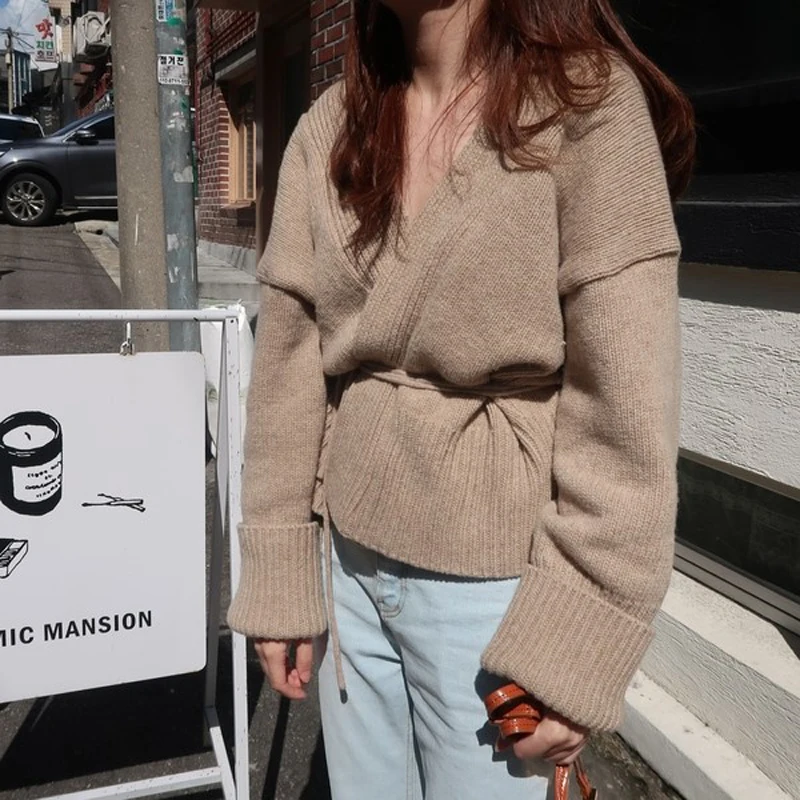 Модный ремень свитер женский v-образный вырез длинный рукав кардиганы свободная