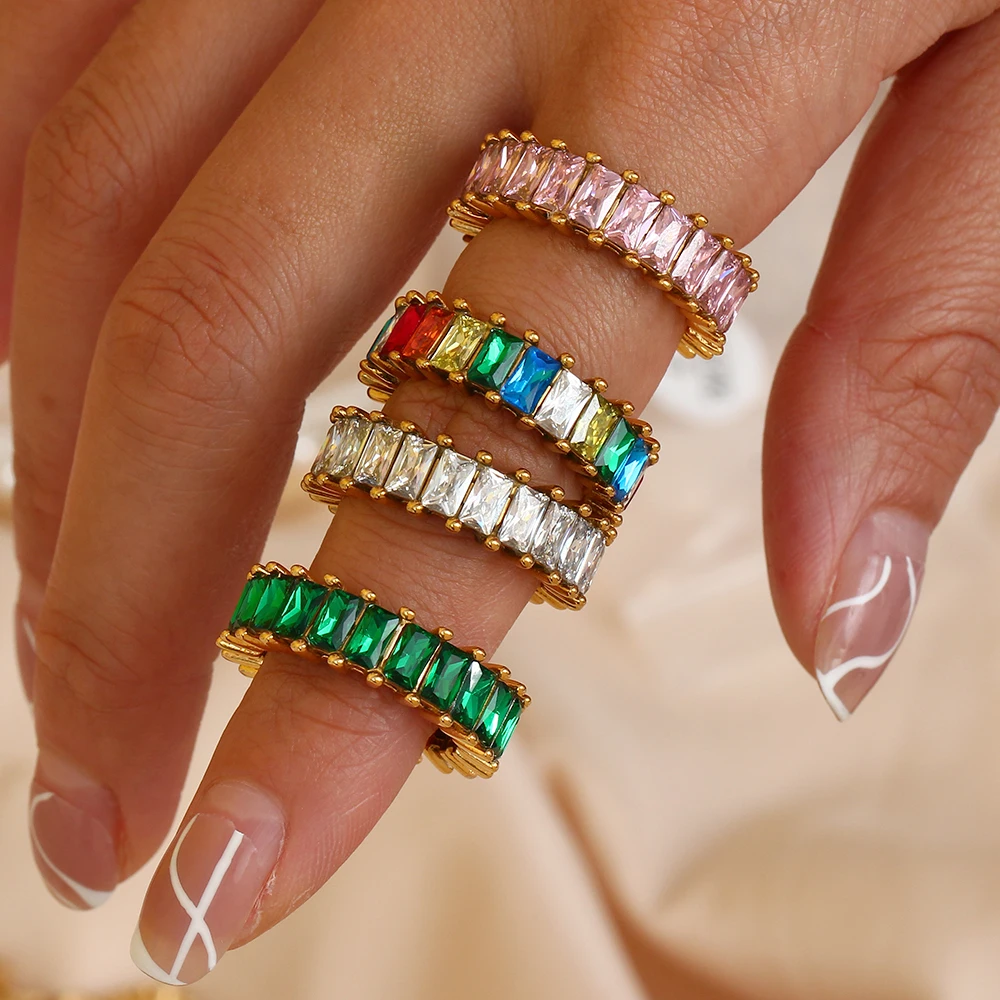 

Christmas Jewelry CZ Stone Paved Green White Pink Colorful Party Rings Trendy Stainless Steel Zircon Statement Rings For Women