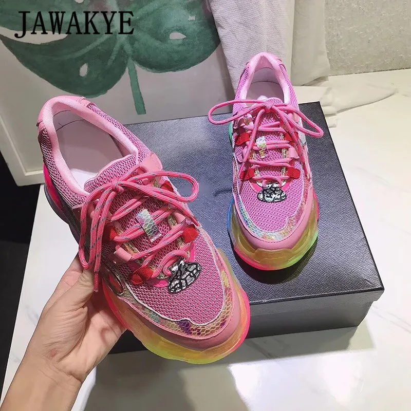 Разноцветные прозрачные кроссовки на толстой подошве Женская дышащая обувь