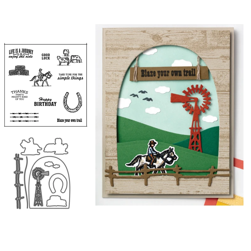 

JC Metal Cutting Dies and Stamps Horse Riding Ranch Tower Scrapbooking Craft Stencil Card Make Album Sheet Decoration Template
