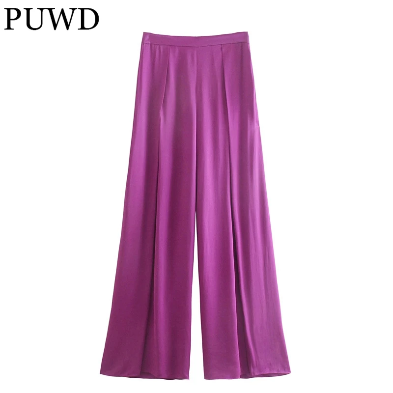 

PUWD Vintage Women Purple Loose Satin Pants 2021 Summer Fashion Ladies High Waist Streetwear Casual Pant Girls Chic Trousers