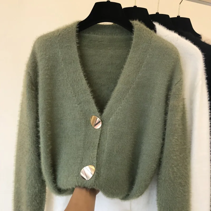 Женский мягкий мохеровые кардиганы однобортный вязаный свитер с v образным