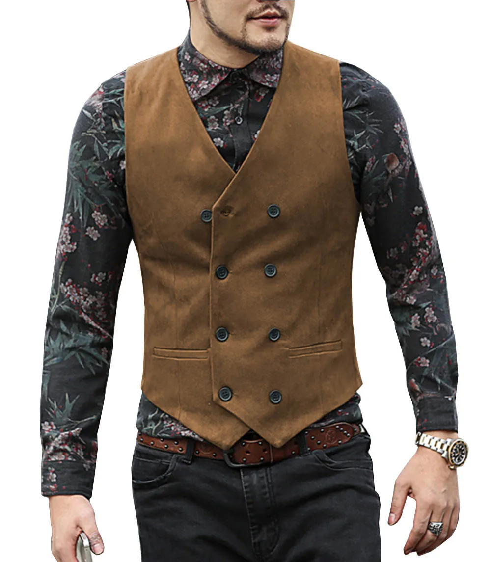 2020 New Men's Vest Suede Suit Vest Casual Double-breasted V-neck Waistcoat Classic/vintage/Denim jacket  Groomsmen ，Brown