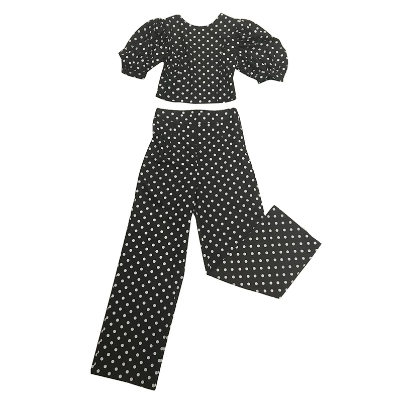 TWOTWINSTYLE винтажные костюмы в горошек для женщин с круглым вырезом и пышными рукавами короткий топ Высокая талия полная длина брюки свободные комплекты из двух частей женские