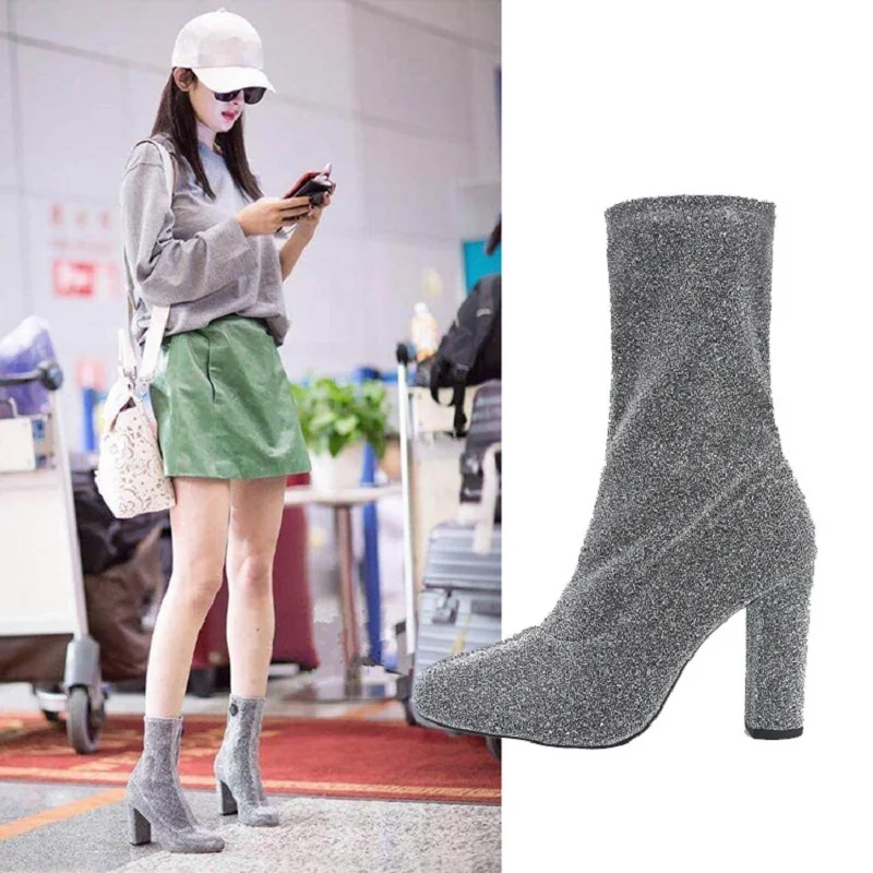 

Женские ботинки с круглым носком, эластичные ботинки на толстом каблуке и резиновой подошве, на молнии, с блестками, весна-осень 2019