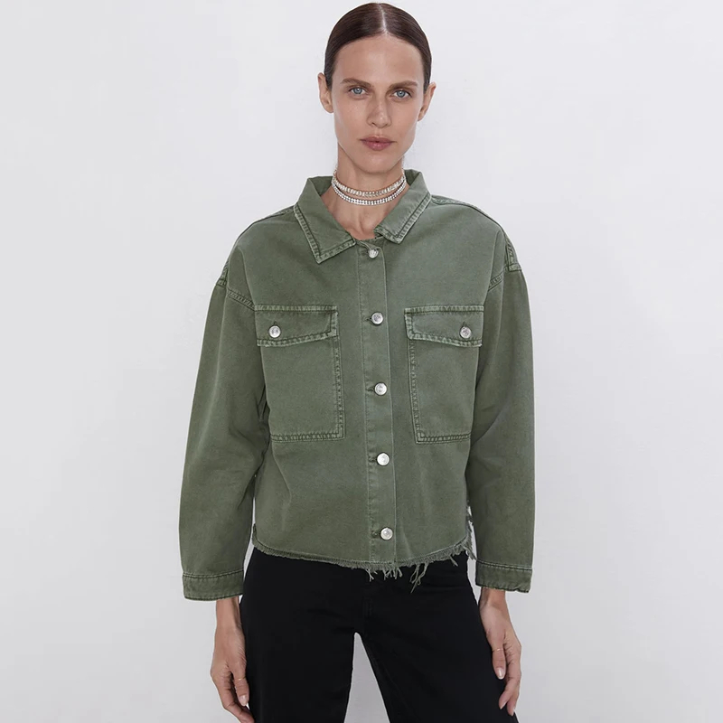 Женская короткая куртка с длинным рукавом ZA Повседневная Зеленая отложным