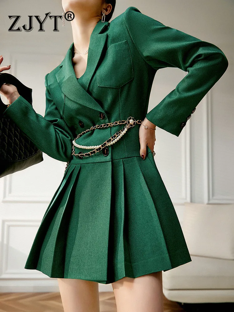 

Elegant Designer 2022 Spring Office Lady Double Breasted Pleated Blazer Dress Women Vestido Long Sleeve Notched Party Robe Femme