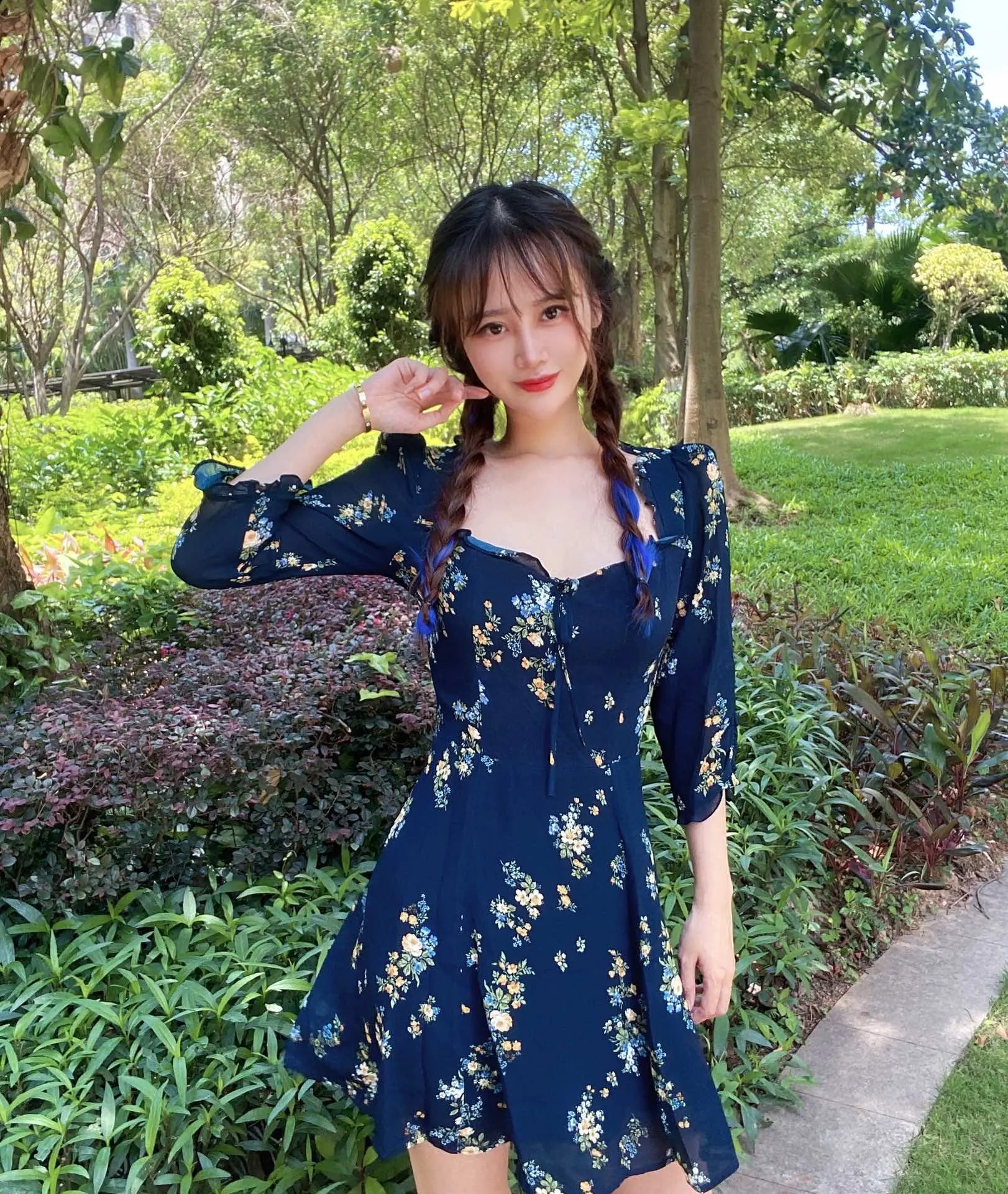 

Ms 2021 summer show thin printed square collar closes the waist long sleeve mini dress sommerkleider damen vintage