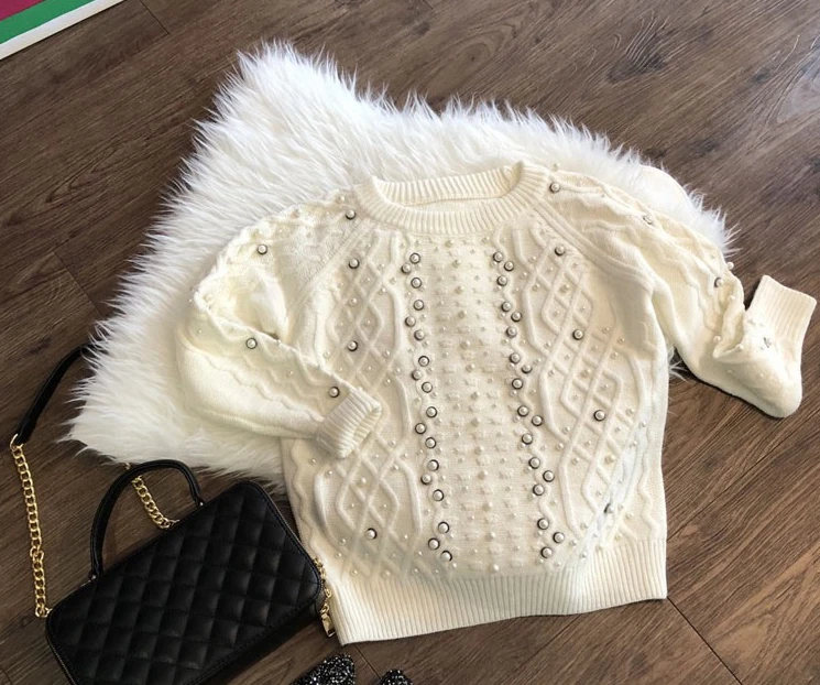 2020 Vintage Women Sweater And Pullovers Pearl Beading Long Sleeve Knitted White Tricot Pull Femme | Женская одежда