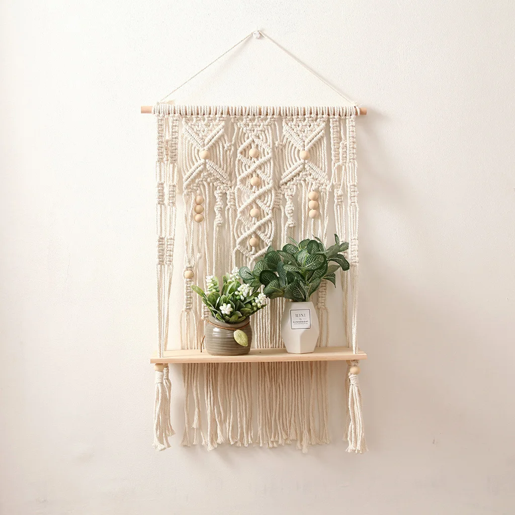 Macrame Wall ing Shelf, Boho Indoor Macrame Plant er for Wall with Cotton Rope and Wooden Shelf Home Office Decor