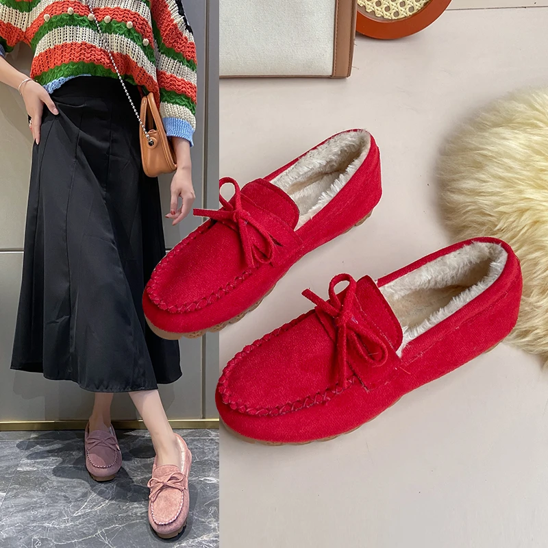 

Winter Shoes Women Flat Shoes Casual fur Loafers Slip On Women's cow suede Flats Shoes Moccasins Lady butterfly-knot size 35-43