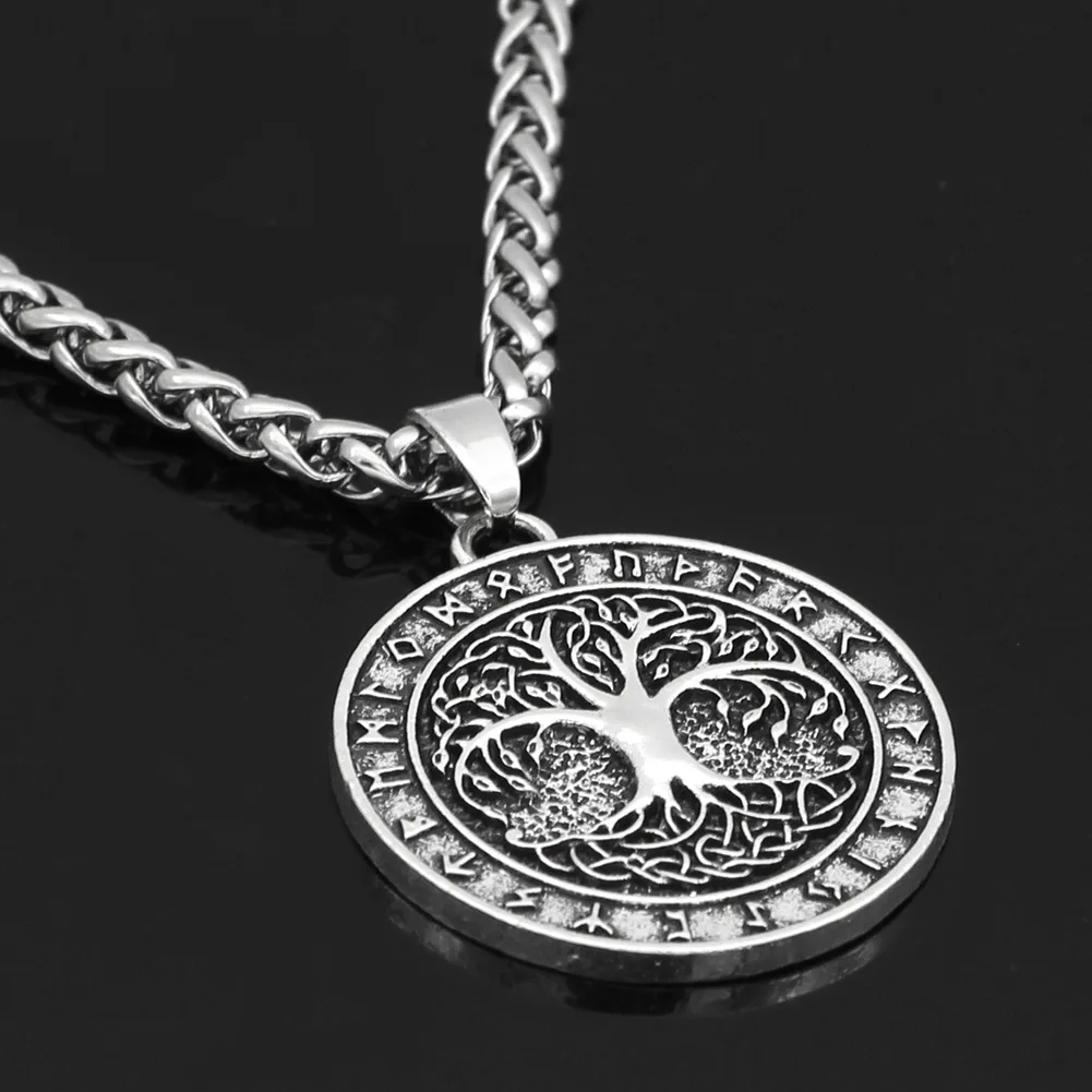 

New Accessories Tree of Life Silver Plated Round Embossed Hip Pop Street Viking Necklace Men
