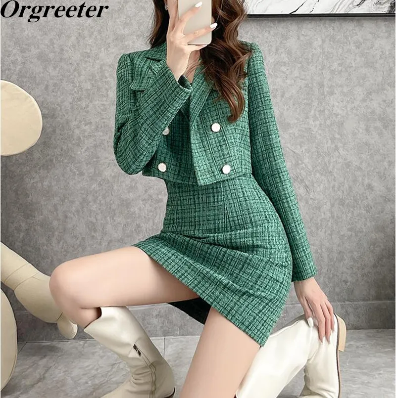 

Женский твидовый костюм-двойка, повседневный Укороченный кардиган и облегающее мини-платье, осень-весна 2021