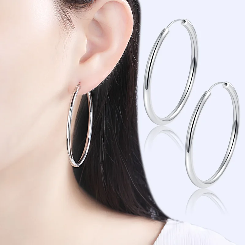 Big Circle Large 925 Silver Needle Hoops Woman Huggie Earrin