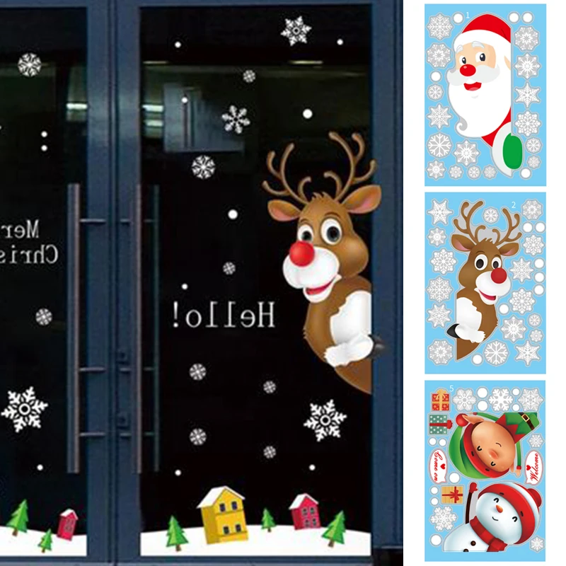

Merry Christmas Wall Stickers Santa Claus Deer Glass Window Xmas Static Sticker 2022 New Year Decals Home Decoration PVC Film