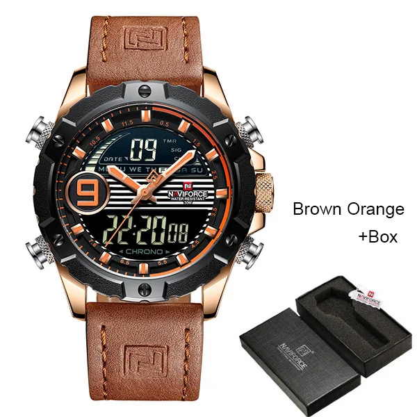 NAVIFORCE Reloj Hombre, наручные мужские часы, Лидирующий бренд, роскошные, натуральная кожа, кварцевые часы, спортивные часы, мужские Relogios Masculino - Цвет: Brown Orange Box