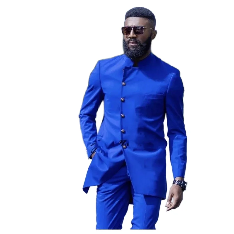 

2022 Royal Blue Stand Collar Long Coat/Wedding Men Suits/Groom Wear Tuxedos/Slim Fit Prom Blazer (Jacket+Pants)Unique Design Set