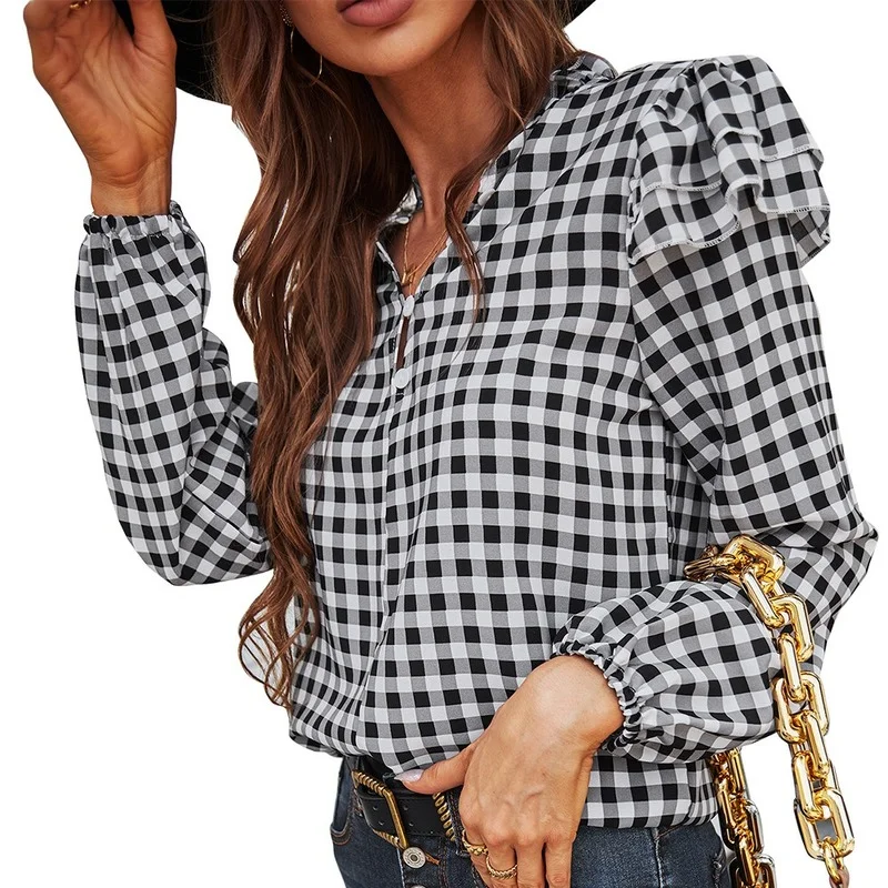 

Spring Elegant ruffles shirt for women tops blusas mujer de moda 2022 verano v neck casual plaid shirt & blouse womens tops