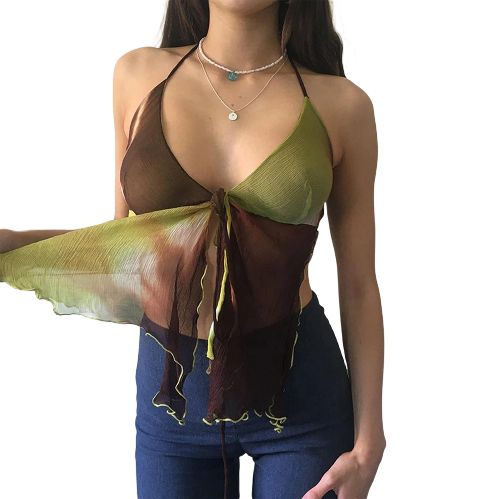 

Майка женская облегающая с V-образным вырезом, пикантный топ на бретелях-спагетти, с открытой спиной, с асимметричным подолом, укороченный т...