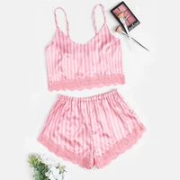 women sexy two pieces satin pajamas sets summer stripe solid color camisole tops shorts sleepwear casual clothes