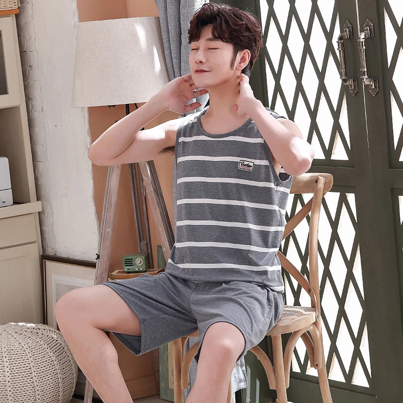 Мужские пижамы из чистого хлопка с буквенным принтом летние короткие без рукавов