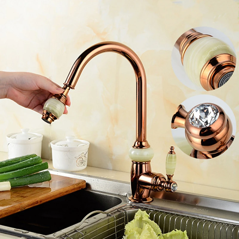 Кухонный кран LIUYUE выдвижной круглый смеситель из розовой латуни с нефритовой