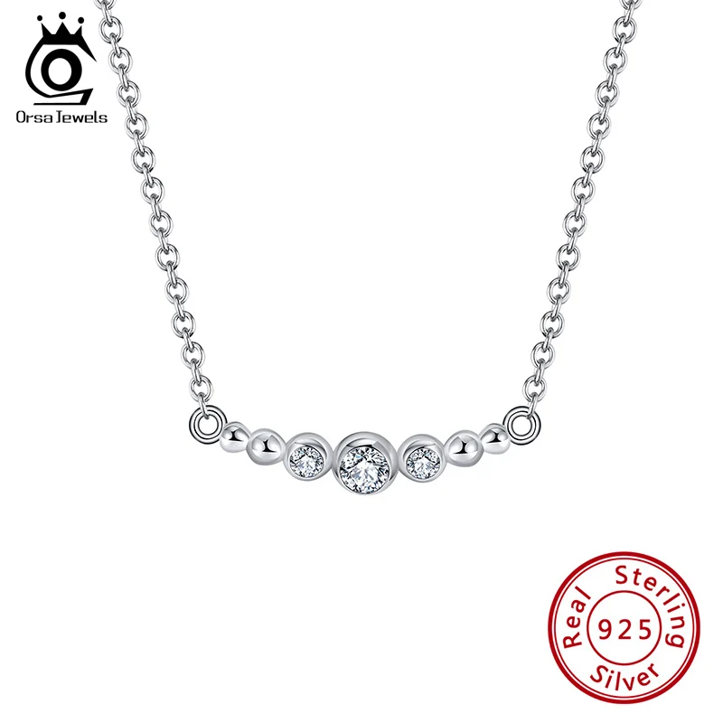 

ORSA JEWELS Sterling Silver Necklace 22MM Round Bead Shape AAAA Zircon Fix Pendant Elegant Accessories For Female Dating SN267