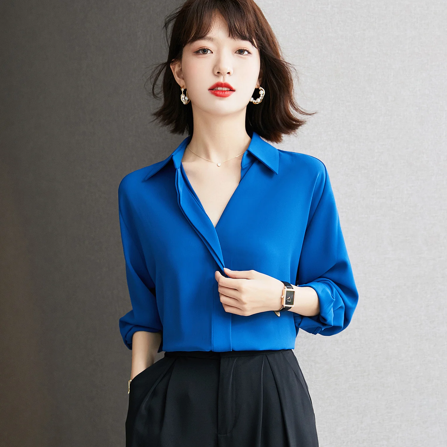 

Sun Protection Clothing for Women 2021 Autumn New Sapphire Blue Chiffon Shirt Draping Quality Design Sense Niche Western Style