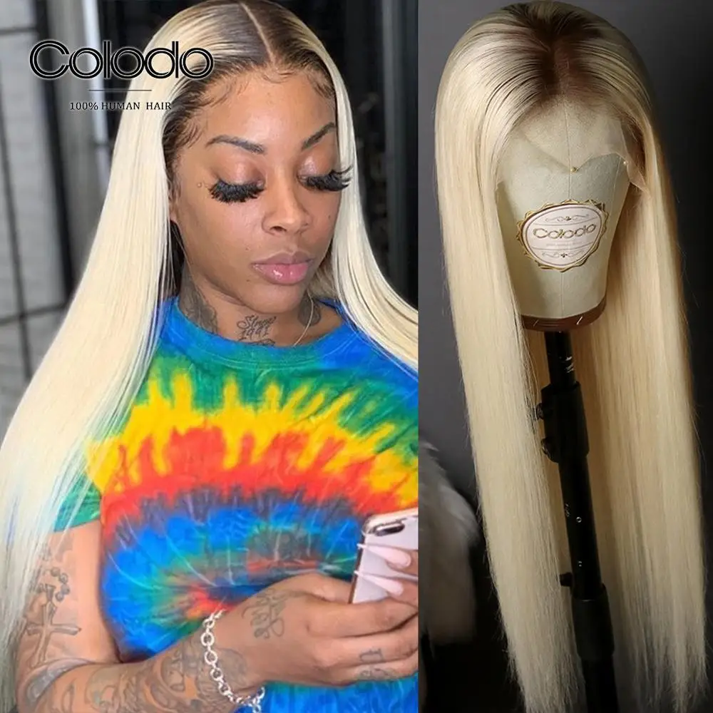 

COLODO Platinum Blonde Ombre Human Hair Wig #6Roots Straight Lace Front Wig Remy Hair PrePlucked Transparent Lace Wigs for Women