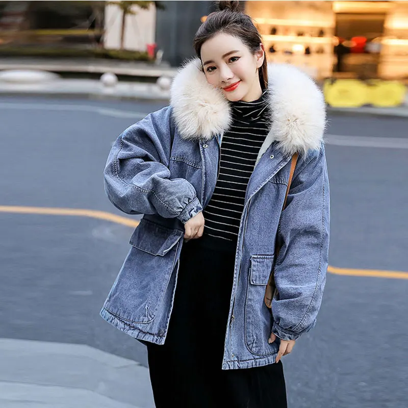 Apricot Faux fur Зимняя женская джинсовая куртка с натуральным мехом, корейский мягкий теплый шерстяной подклад куртки, парка, модное женское зимнее пальто, парки Mujer - Цвет: Apricot Faux fur